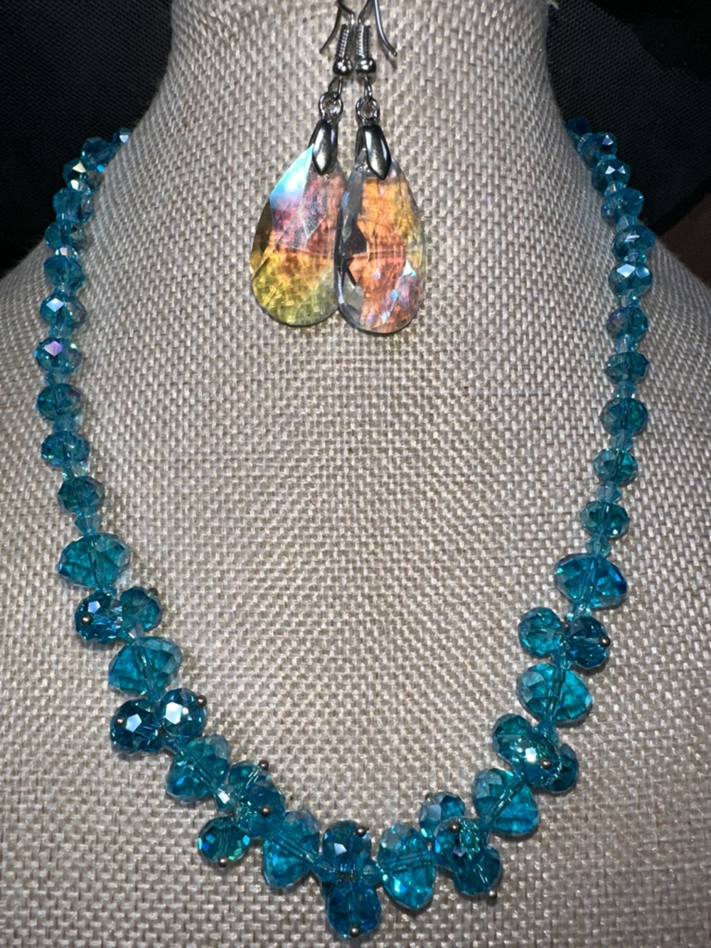 16” Vintage Czech Light Teal Glass Crystal Bead Necklace and Earring Set